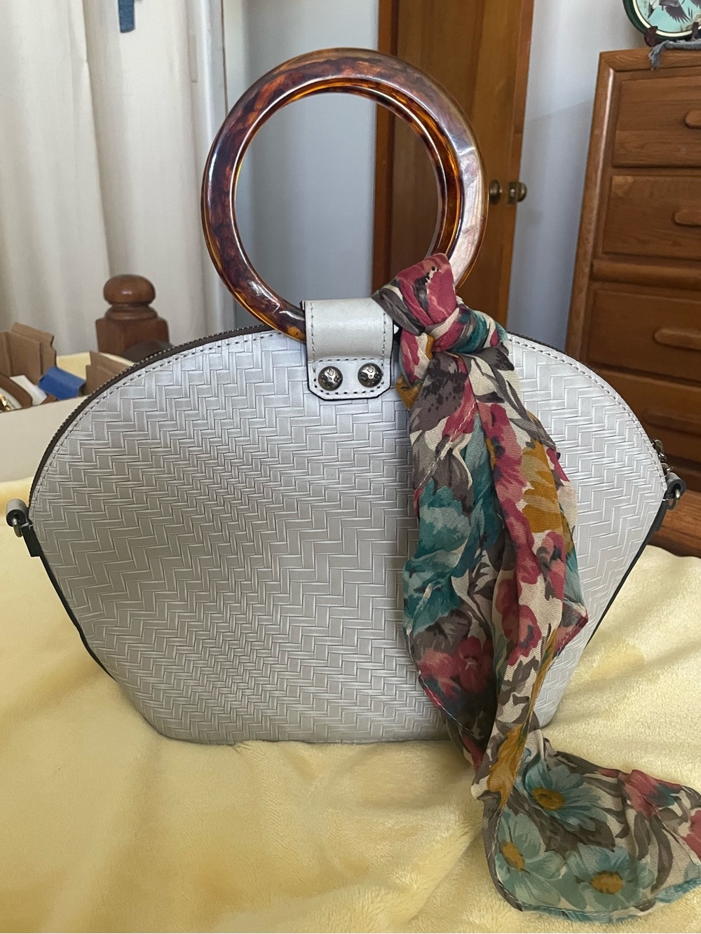 Woven White Dome Handbag with Tortoiseshell Handle and Floral Scarf